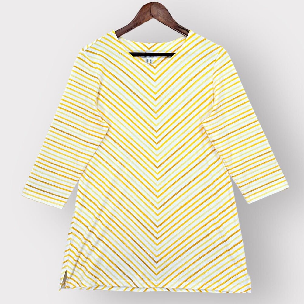 D&Co. Tunic Top‎ Women S Yellow Striped 3/4 Sleeve Stretch Knit Round Neck G57